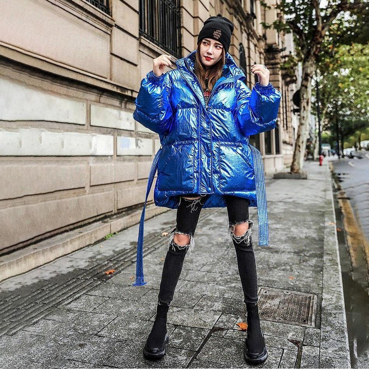 High-Shine Oversized Puffer Jacket with Belt and Hood