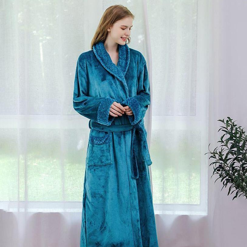 Long Fleece Bathrobe with Textured Collar Cuffs and Belt