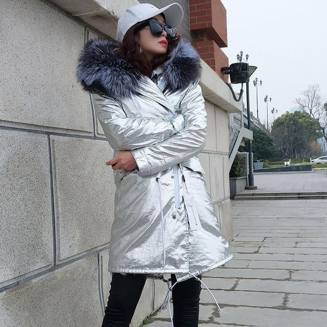Hooded Metallic Puffer Coat with Striped Faux Fur Lining