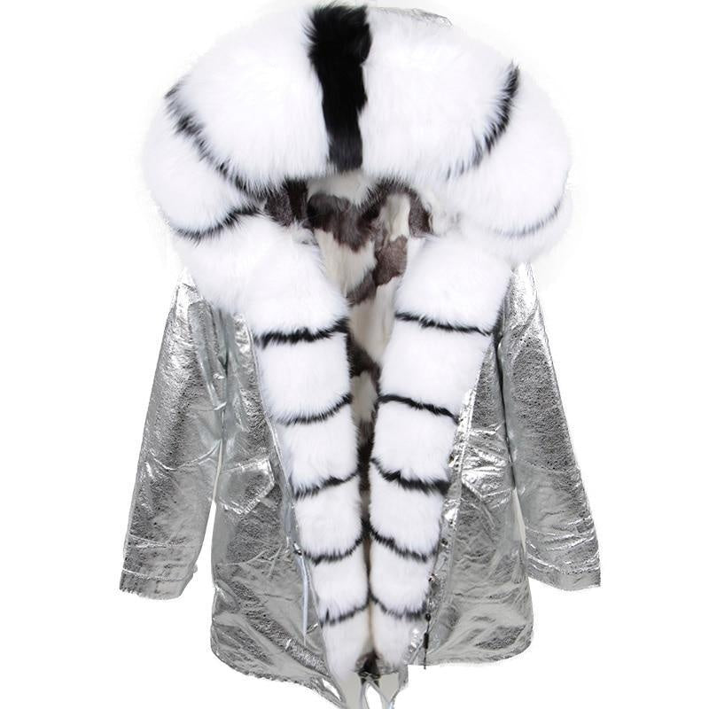 Hooded Metallic Puffer Coat with Striped Faux Fur Lining