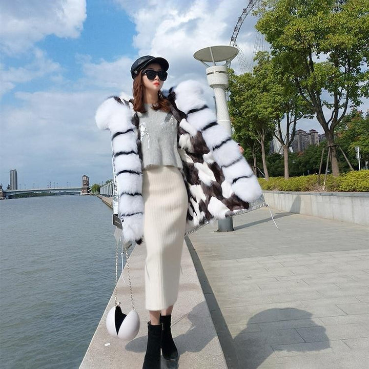 Hooded Metallic Puffer Coat with Striped Faux Fur Lining