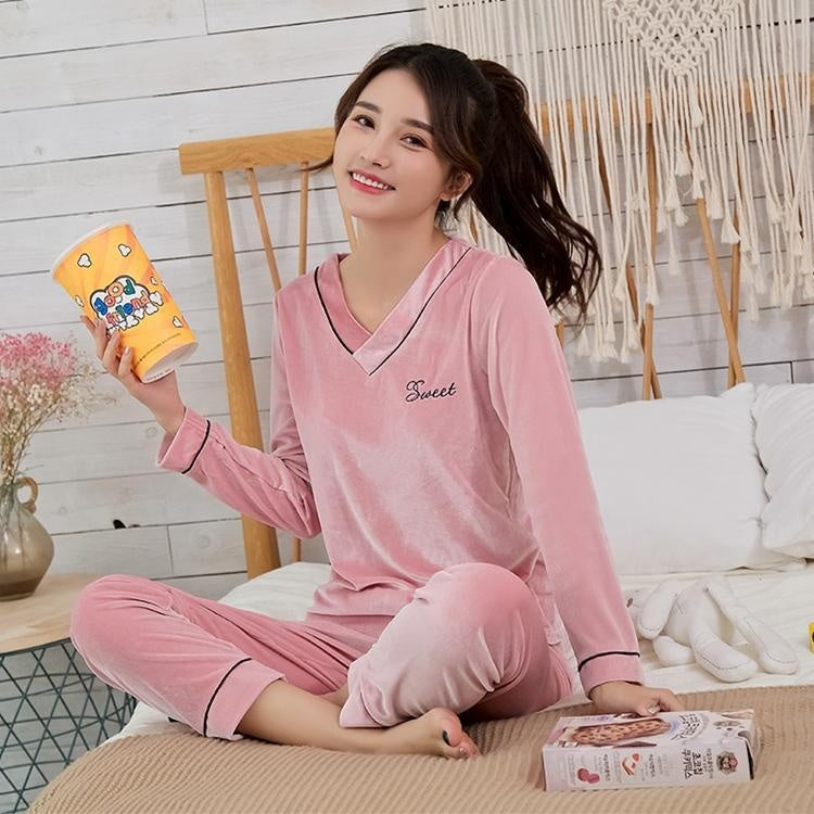 Velvet V-neck Pj Set with embroidered word on the top