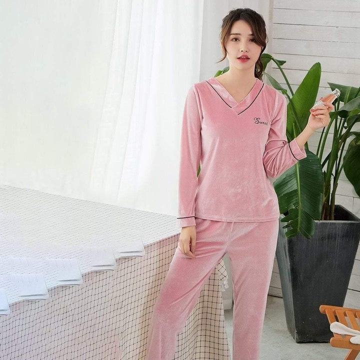 Velvet V-neck Pj Set with embroidered word on the top