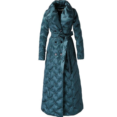 Quilted Duck Down Ankle Length Coat With Belt