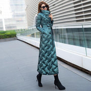 Quilted Duck Down Ankle Length Coat With Belt