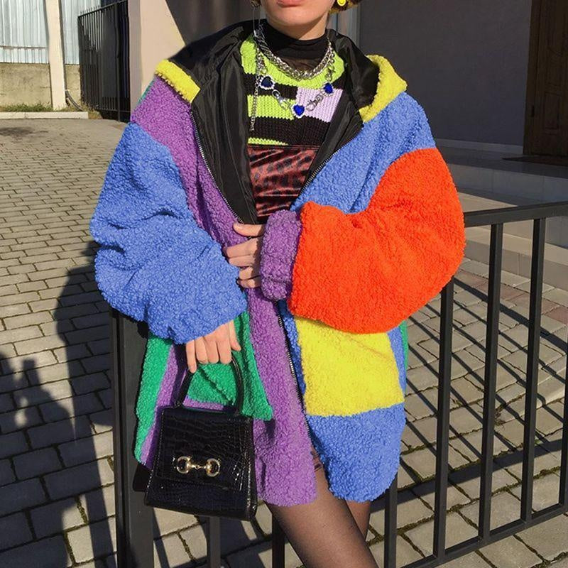 Colour Block Teddy Coat - Oversized Patchwork Teddy Coat