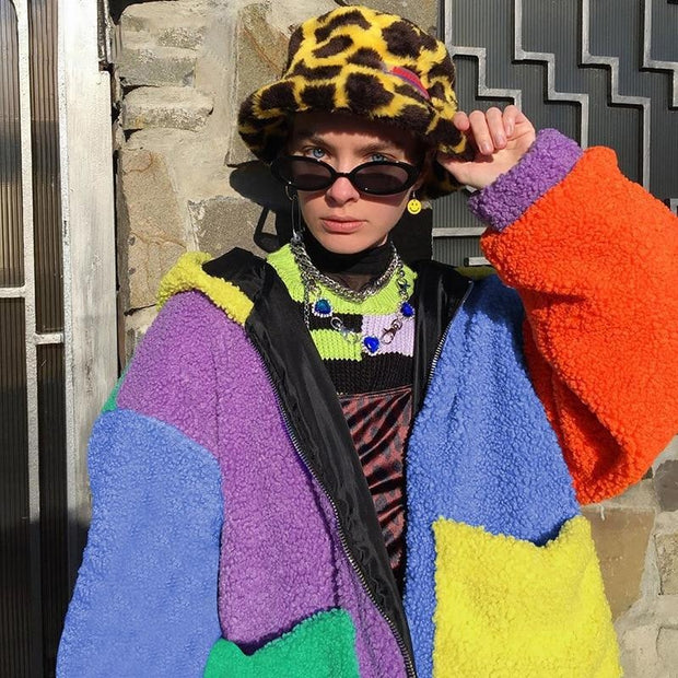 Colour Block Teddy Coat - Oversized Patchwork Teddy Coat