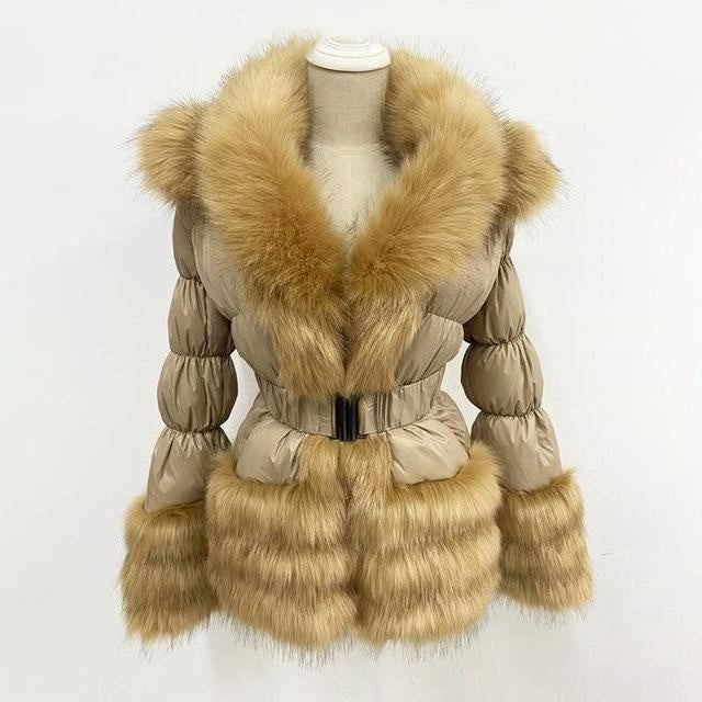 Faux Fur Trim Down Winter Down Coat With Hood and Belt