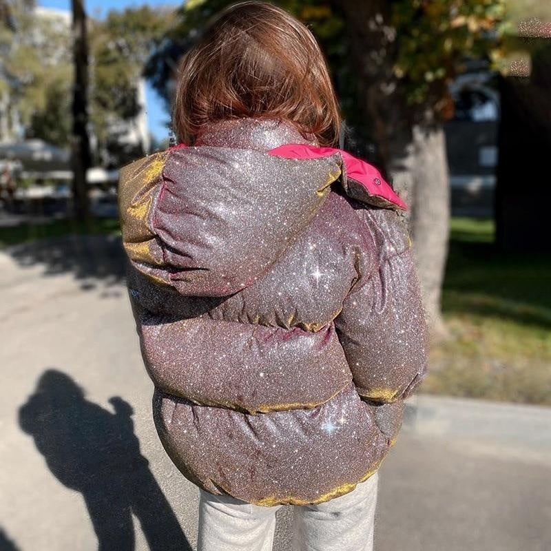 Diamond Glitter Puffer Jacket With Hood