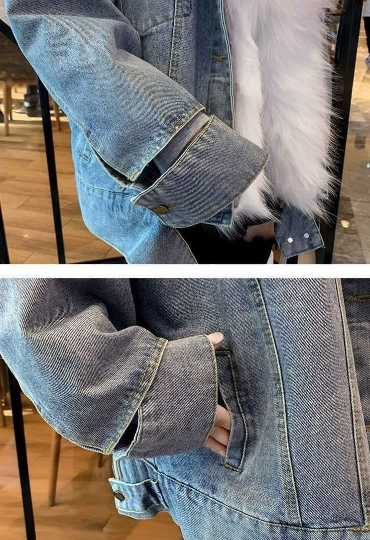 Denim Jacket With Faux Fur Turn Down Collar