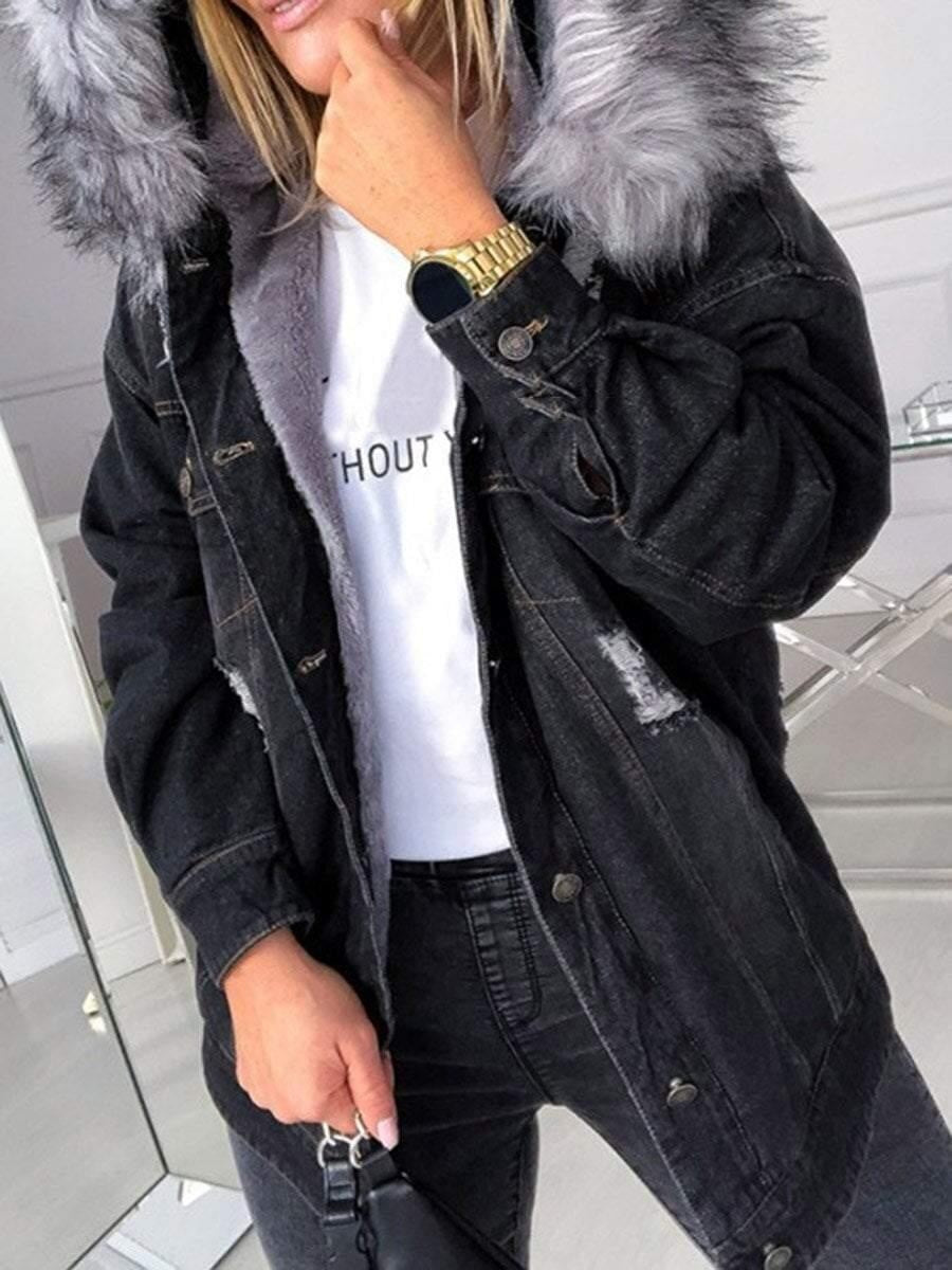 Denim Coat With Large Faux Fur Trim Hood & Inside Fur