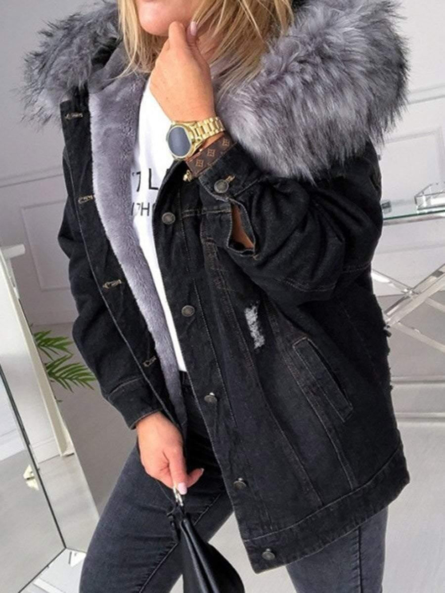 Denim Coat With Large Faux Fur Trim Hood & Inside Fur