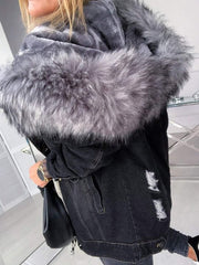 Denim Coat With Large Faux Fur Trim Hood & Inside Fur