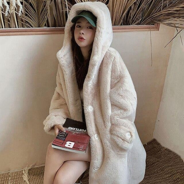 Faux Fur Hooded Coat With Oversized Buttons