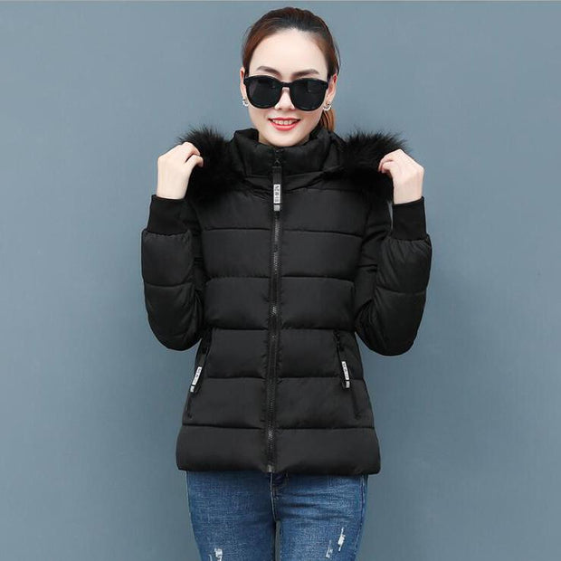 Faux Fur Hood Coat - Puffer Coat With Zip Pockets