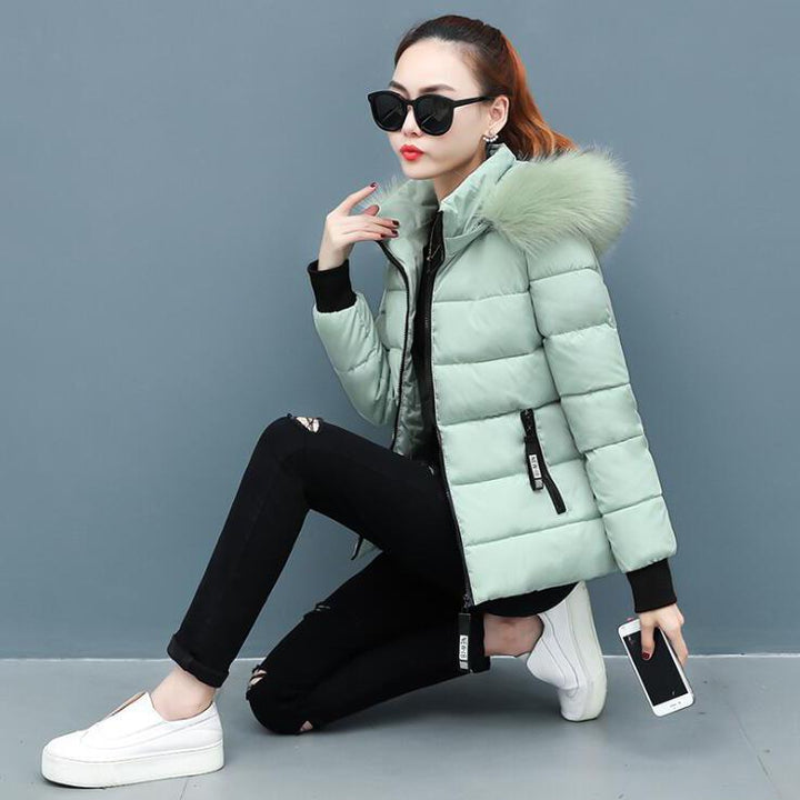 Faux Fur Hood Coat - Puffer Coat With Zip Pockets