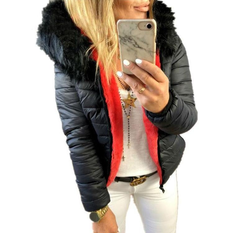 Contrast Fur Puffer Coat With Faux Fur Hood