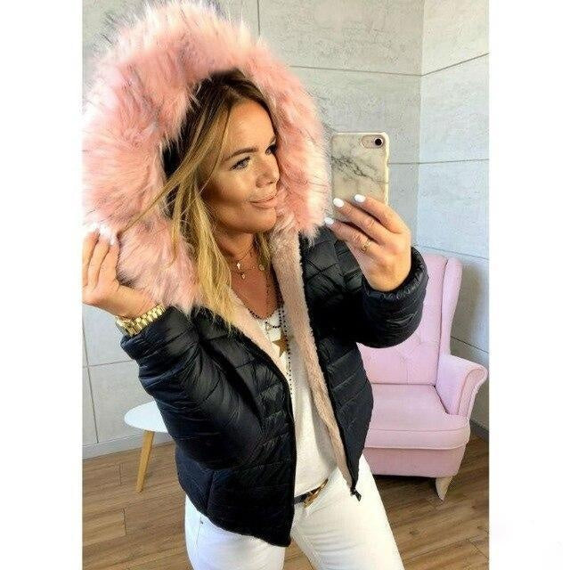 Contrast Fur Puffer Coat With Faux Fur Hood