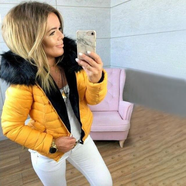 Contrast Fur Puffer Coat With Faux Fur Hood