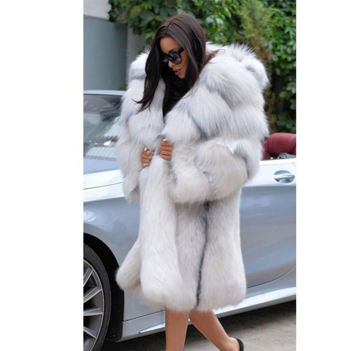 Big Faux Fur Knee Length Coat - Winter Thick Luxury Hooded Coat