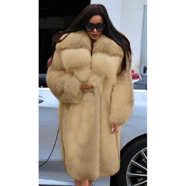 Big Faux Fur Knee Length Coat - Winter Thick Luxury Hooded Coat