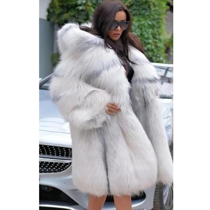 Big Faux Fur Knee Length Coat - Winter Thick Luxury Hooded Coat