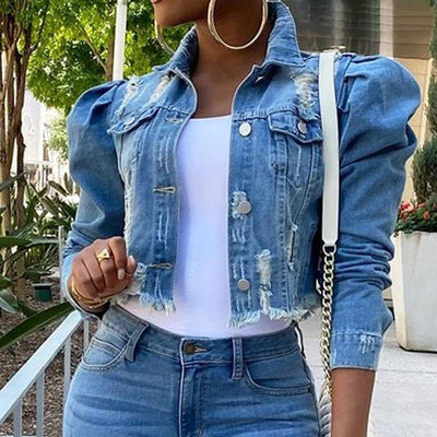 Puff Sleeve Denim Jacket - Crop Denim Jacket Plus Size