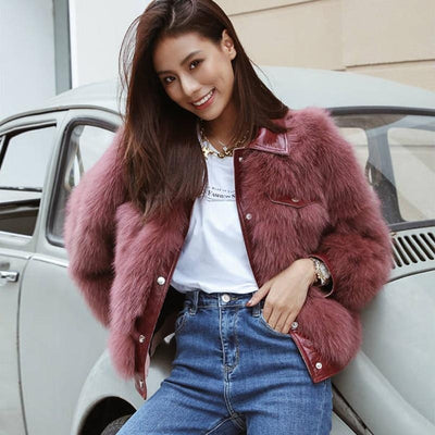 Faux Fur Coat With Faux Leather Contrast