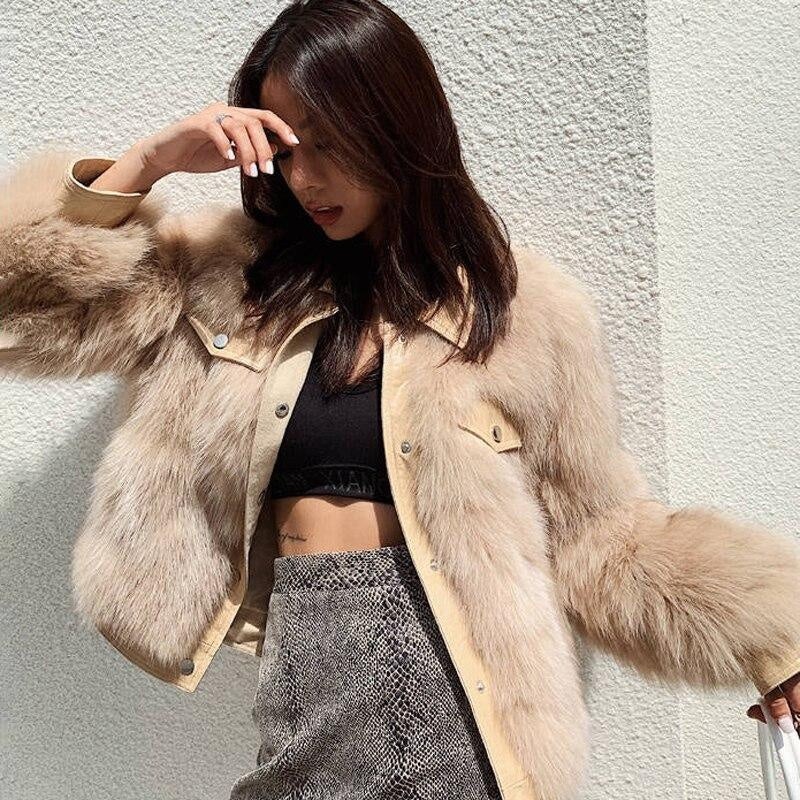 Faux Fur Coat With Faux Leather Contrast