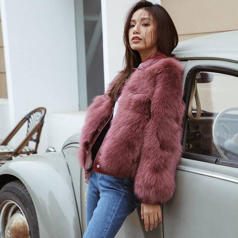 Faux Fur Coat With Faux Leather Contrast