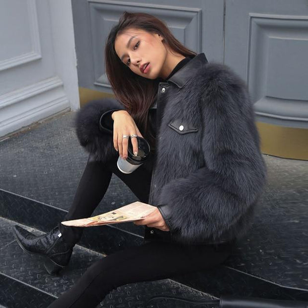 Faux Fur Coat With Faux Leather Contrast