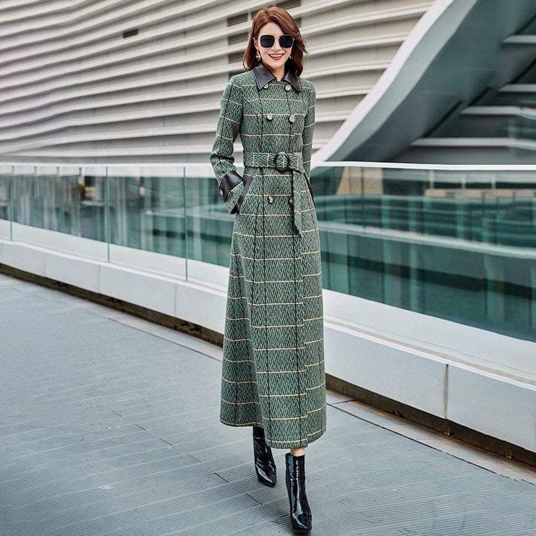 Long Wool Coat - Plaid Woolen Coat