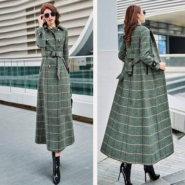 Long Wool Coat - Plaid Woolen Coat