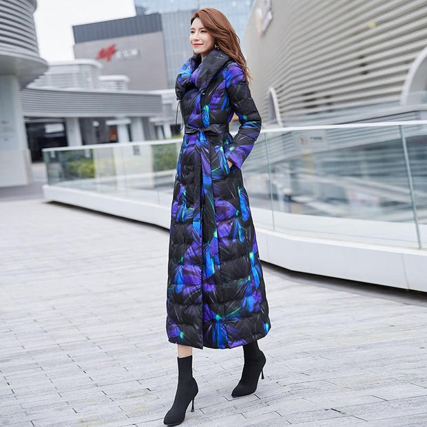 Floral Ankle Length Puffer Coat With Belt
