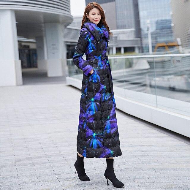 Floral Ankle Length Puffer Coat With Belt