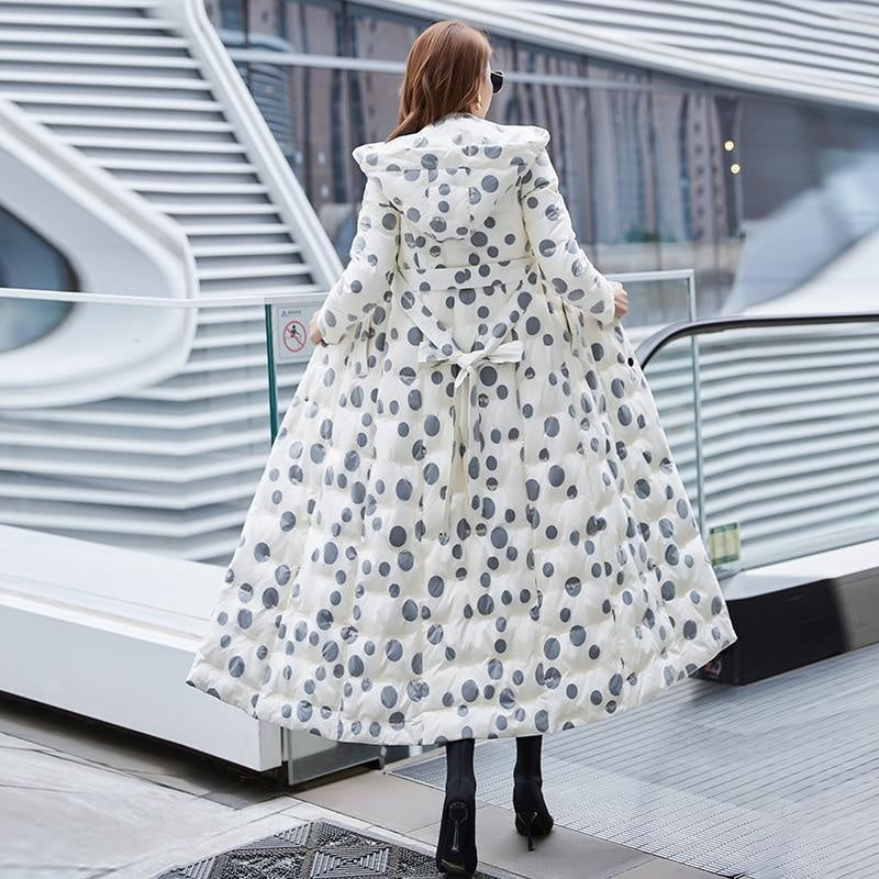 Polka Dot Coat - Belted Maxi Puffer Coat