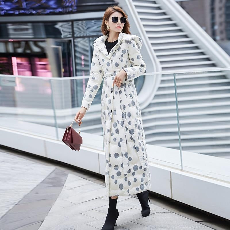 Polka Dot Coat - Belted Maxi Puffer Coat