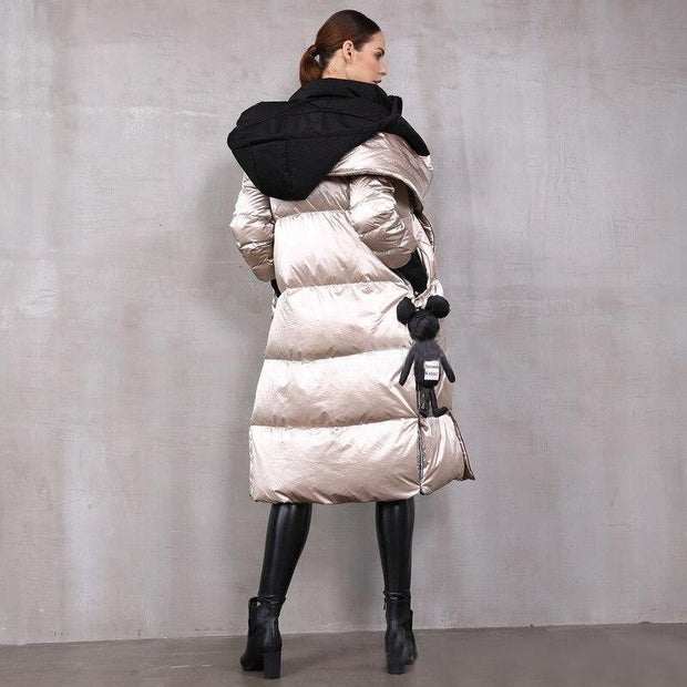 Metallic Shiny Knee-Length Puffer Coat With Hood