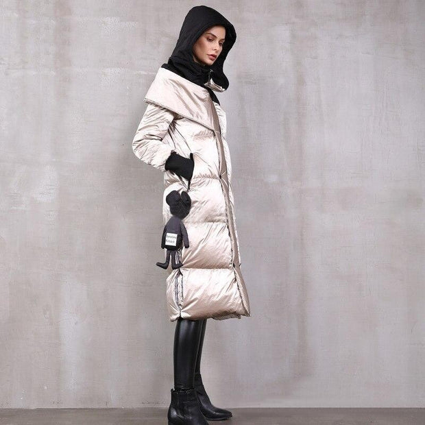 Metallic Shiny Knee-Length Puffer Coat With Hood