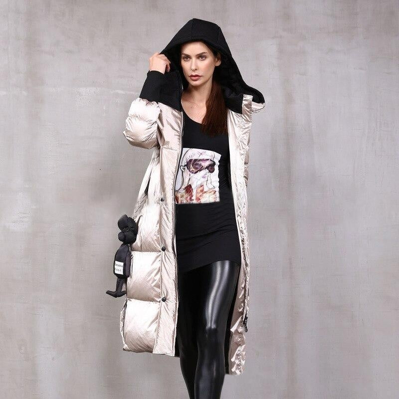 Metallic Shiny Knee-Length Puffer Coat With Hood