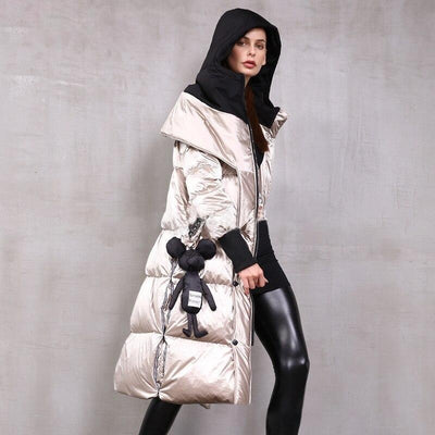 Metallic Shiny Knee-Length Puffer Coat With Hood