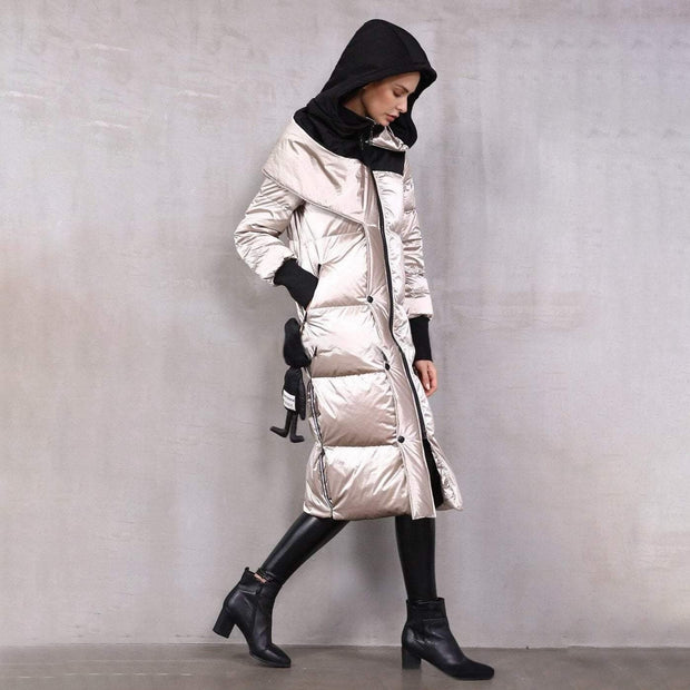 Metallic Shiny Knee-Length Puffer Coat With Hood