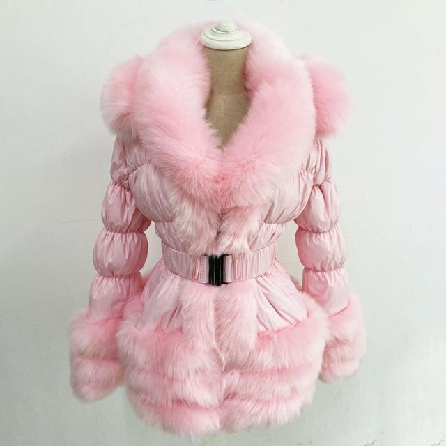 Faux Fur Trim Down Winter Down Coat With Hood and Belt