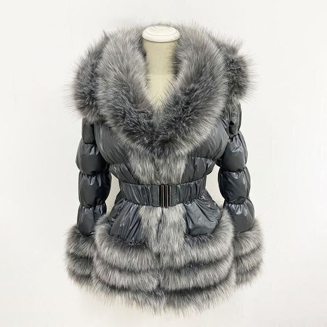 Faux Fur Trim Down Winter Down Coat With Hood and Belt