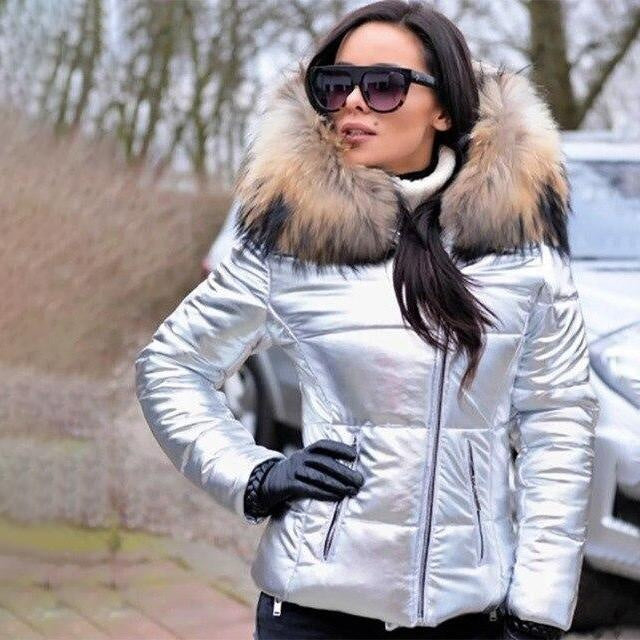 High Shine Parka Puffer Coat with Faux Fur Hood