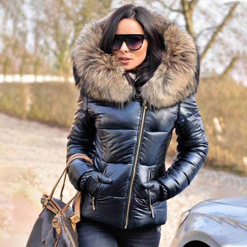 High Shine Parka Puffer Coat with Faux Fur Hood