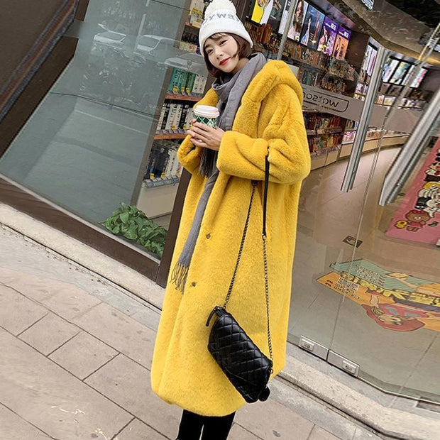 Hooded Long Coat - Long Faux Fur Coat with Hood