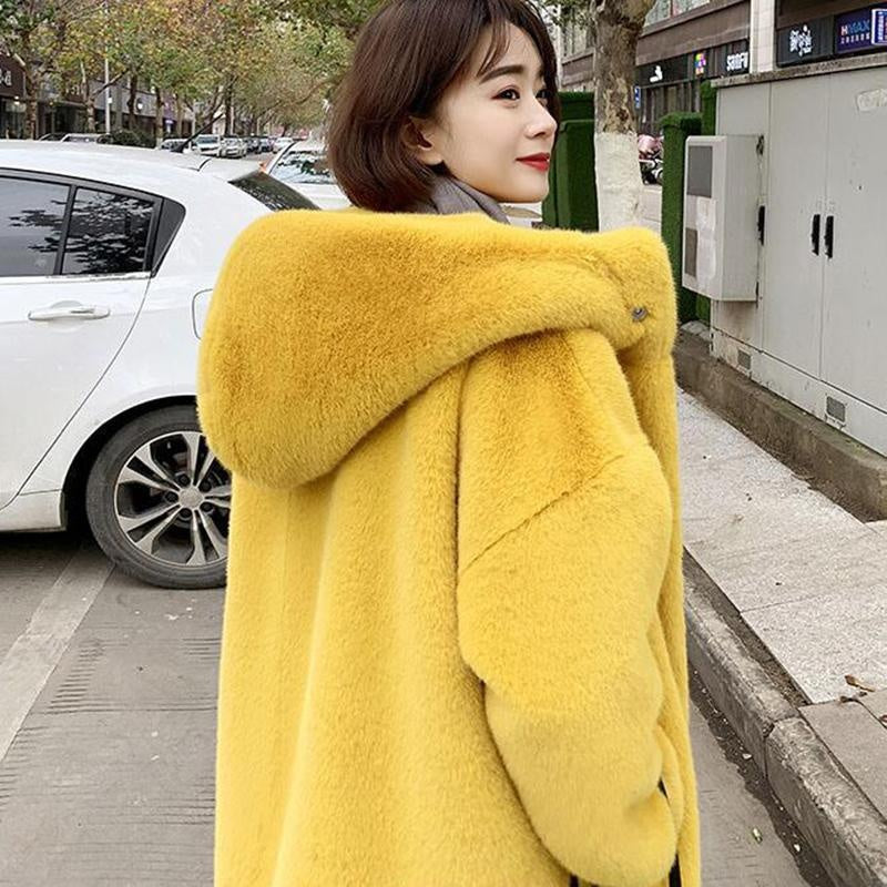 Hooded Long Coat - Long Faux Fur Coat with Hood