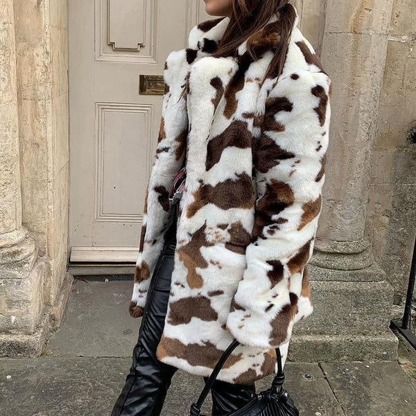 Cow Print Faux Fur Vintage Coat - Thigh Length Winter Coat - MomyMall BROWN / S