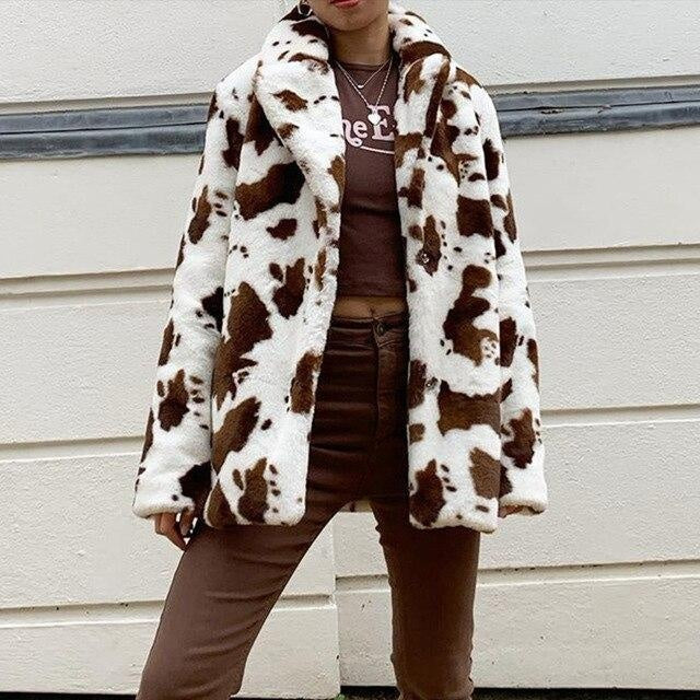 Cow Print Faux Fur Vintage Coat - Thigh Length Winter Coat - MomyMall